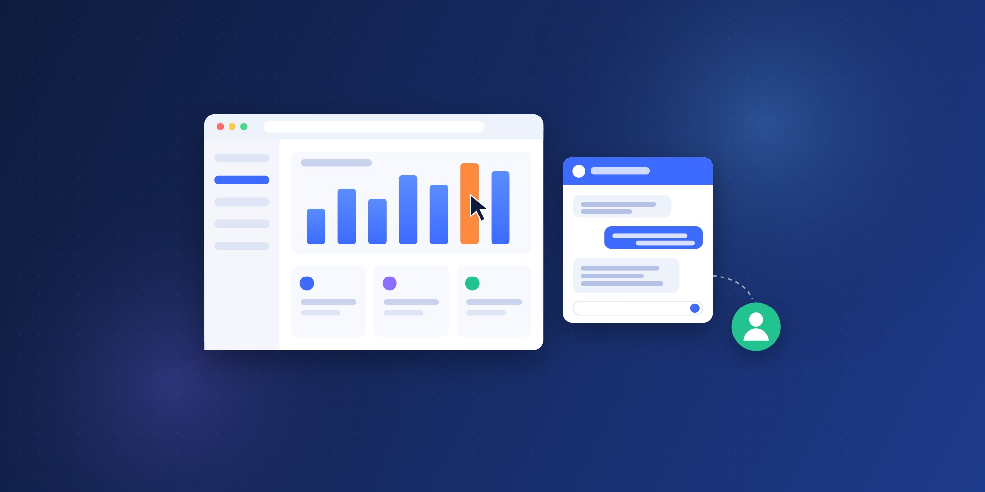 Illustration of a SaaS product demo window beside an AI guidance chat panel handing off to a salesperson